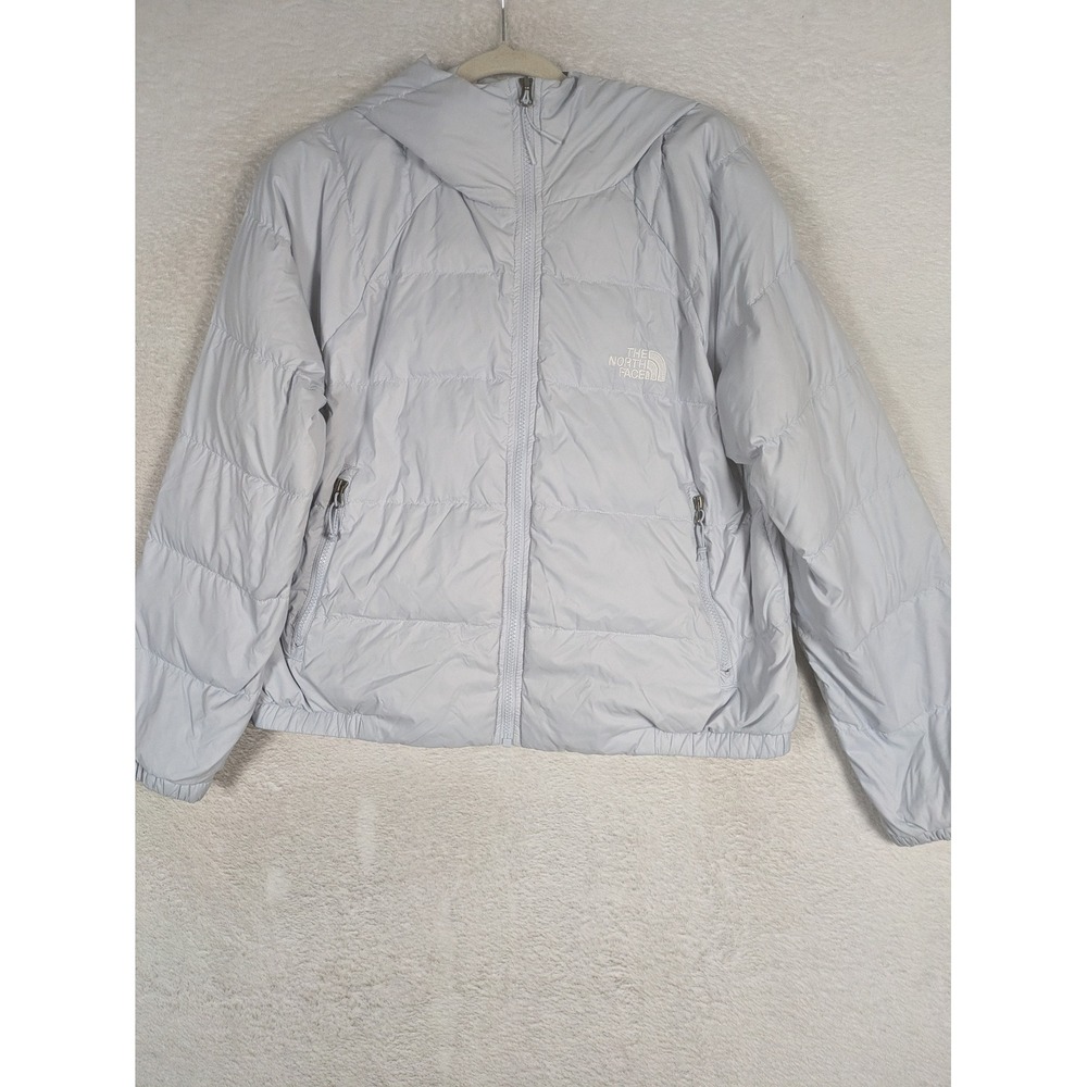 The North Face Puffer Jacket Women's L Light Blue Fill Down Hooded Full Zip